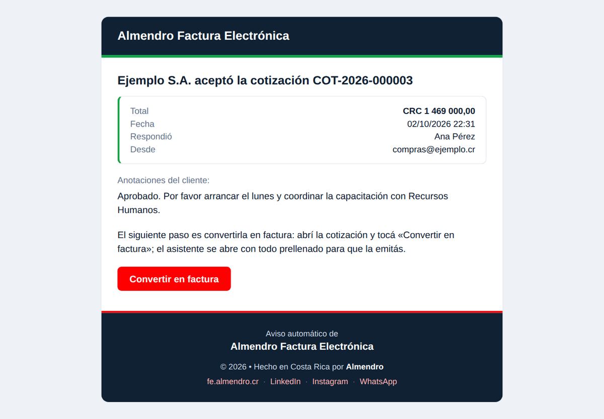 Aviso al contribuyente: el cliente aceptó la cotización, con sus anotaciones