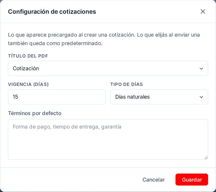 Configuración de cotizaciones: título del PDF, vigencia, tipo de días y términos