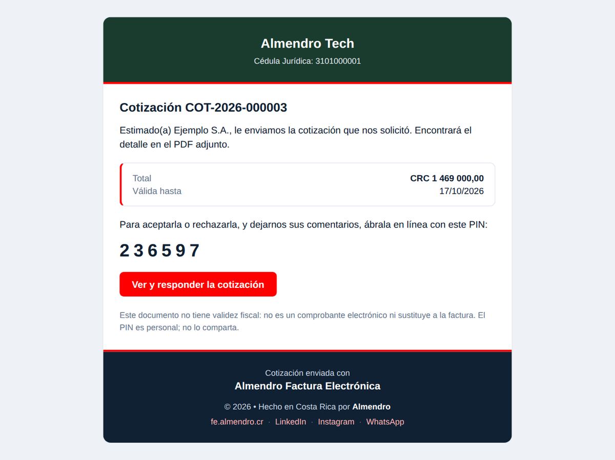 Correo que recibe el cliente con el total, la vigencia, el PIN y el botón para ver la cotización