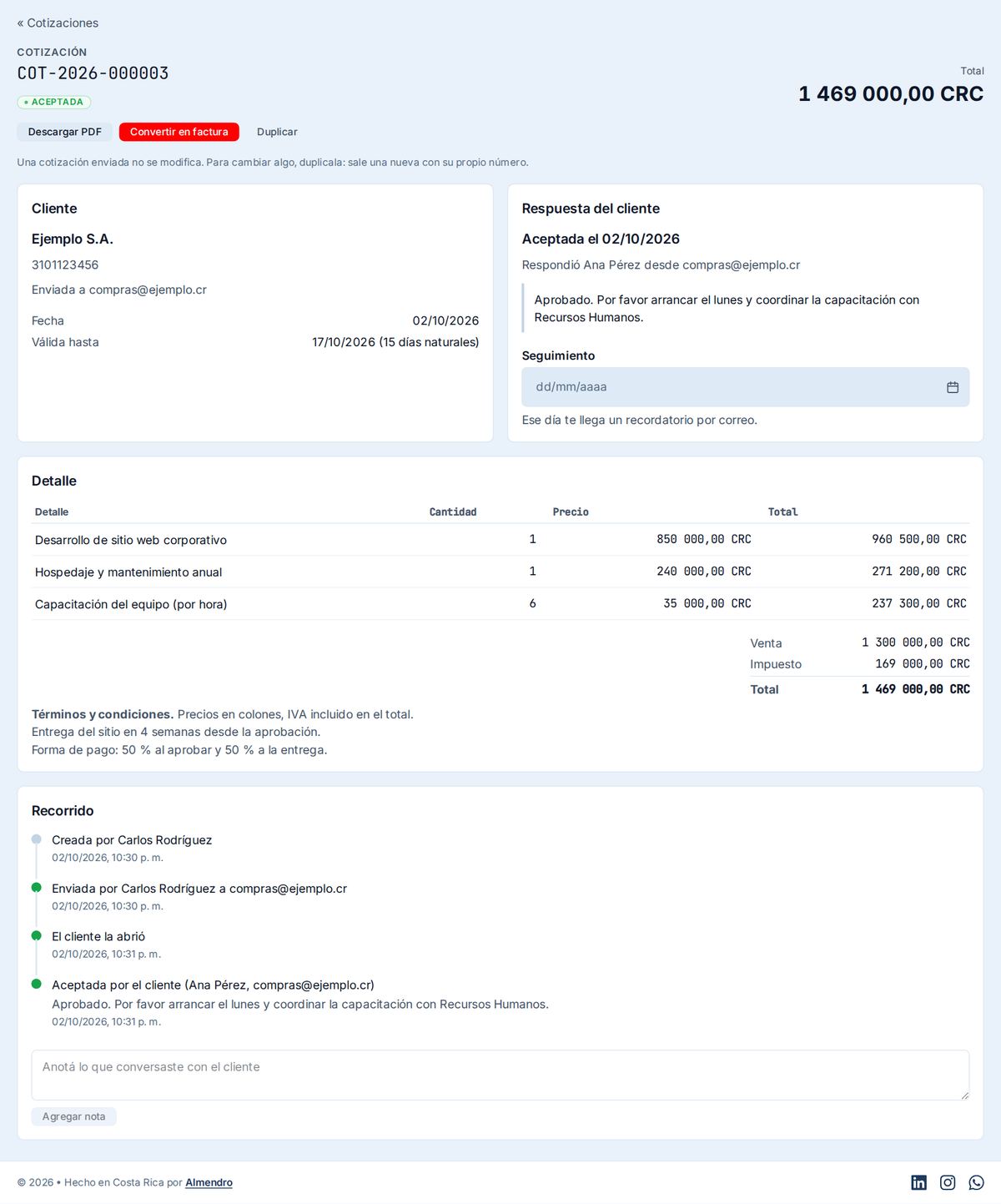 Detalle de la cotización aceptada con la respuesta del cliente y el recorrido