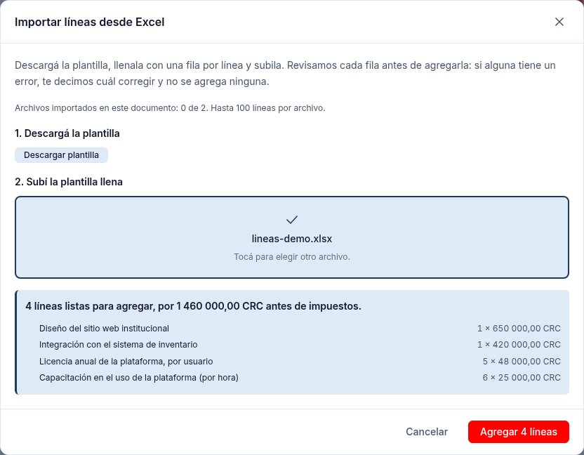 Importar líneas desde Excel: la plantilla revisada, con las líneas listas para agregar