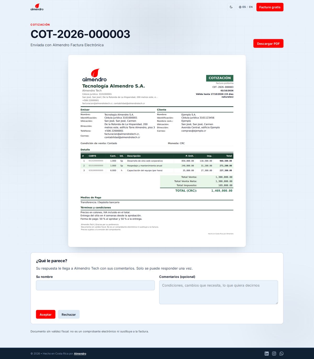 Página de la cotización con la misma hoja del PDF y el formulario para aceptar o rechazar