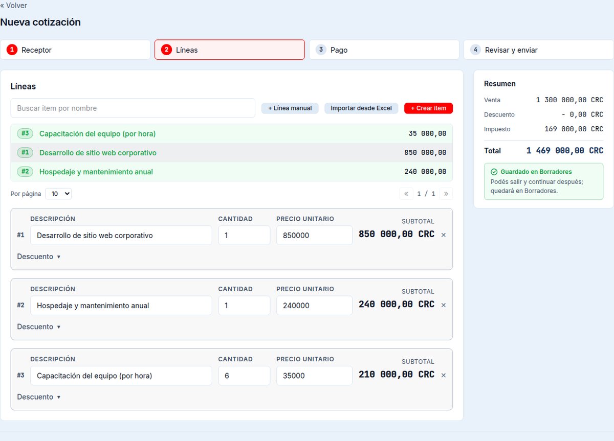 Paso 2: líneas de la cotización con los botones Línea manual, Importar desde Excel y Crear item