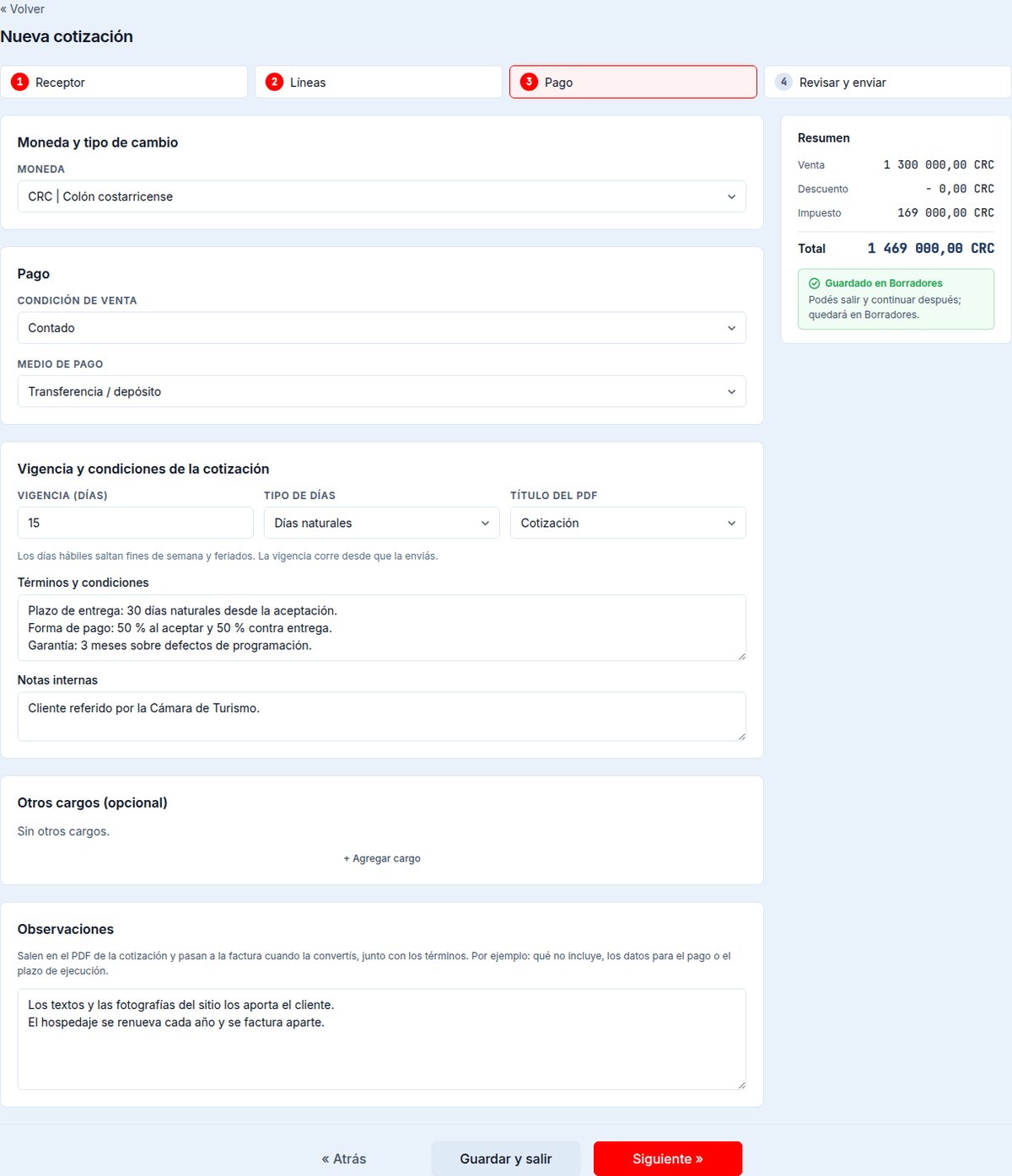 Paso 3: condición de venta, vigencia, título, términos, notas internas y observaciones de la cotización