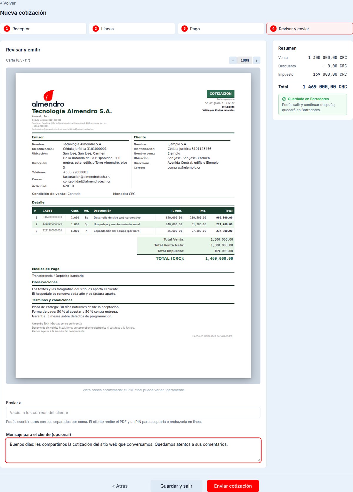 Paso 4: vista previa de la cotización igual al PDF, con observaciones y términos, destinatarios y mensaje para el cliente
